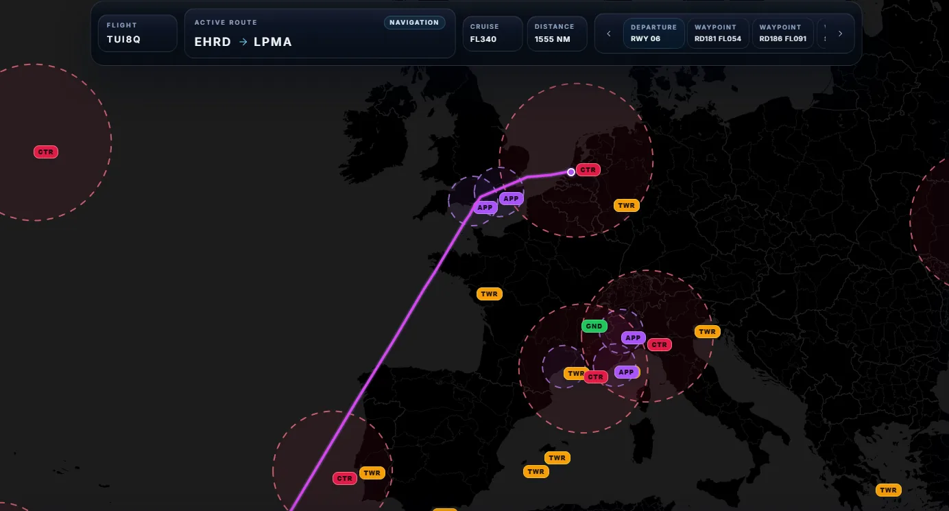 SimCharts map of Europe with a route from Rotterdam to Madeira and online controller coverage drawn as circles labelled CTR, APP, TWR and GND