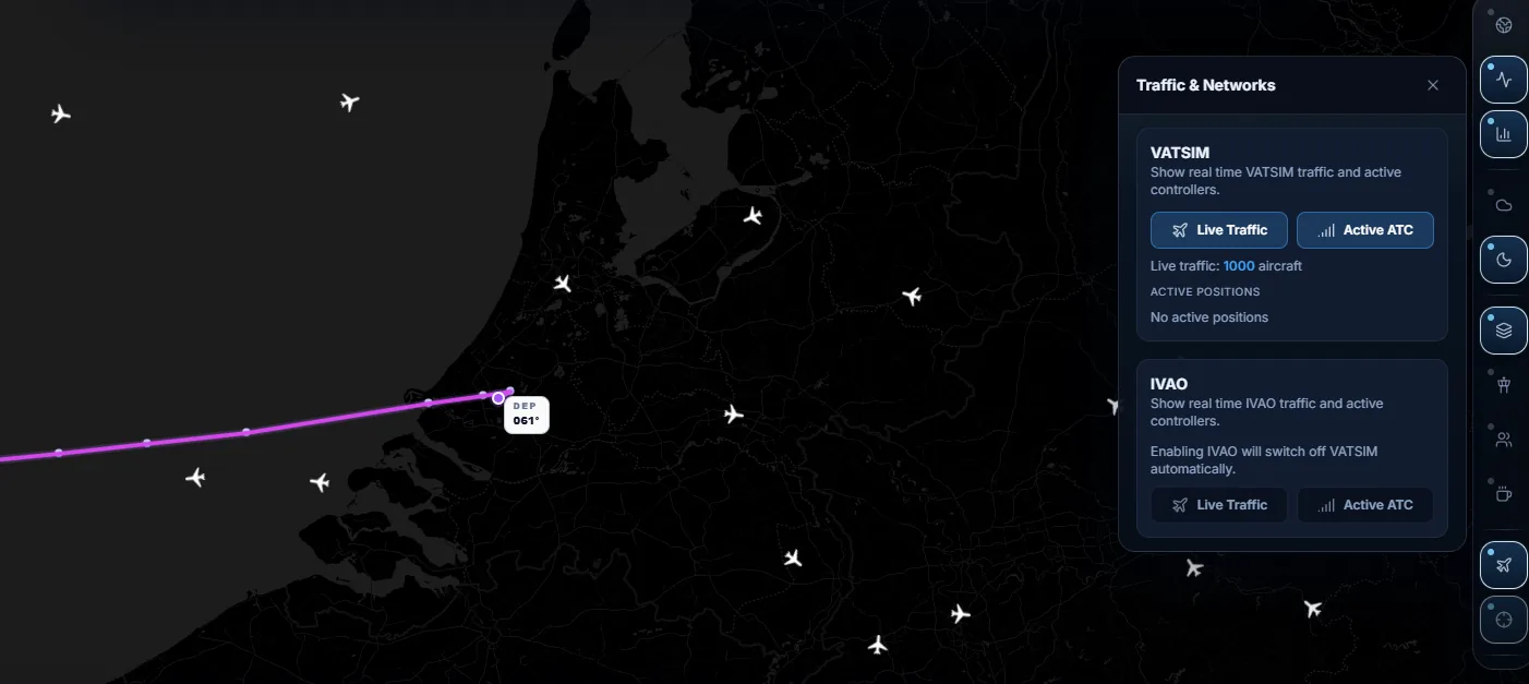 VATSIM traffic around Amsterdam on the SimCharts map, with the traffic and networks panel open
