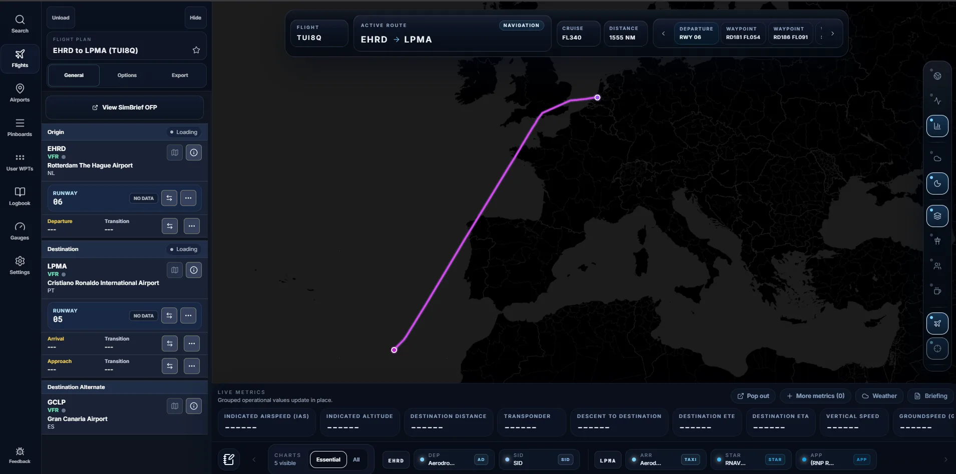 SimCharts route workspace: flight plan EHRD to LPMA with the route drawn on a dark map