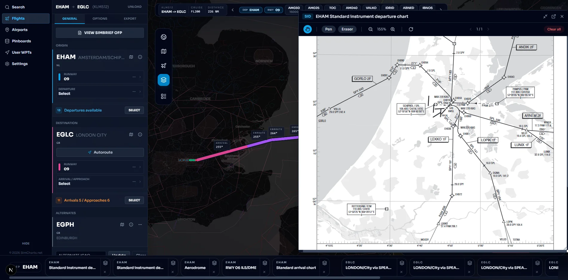 SimCharts with a KLM flight from Amsterdam to London City: flight plan on the left, route on the map, and the Schiphol standard instrument departure chart open on the right with pen and eraser tools