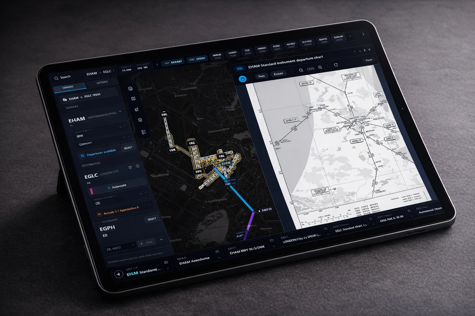 Illustration of SimCharts on an iPad on a stand, showing the Schiphol runways on the map beside a departure chart
