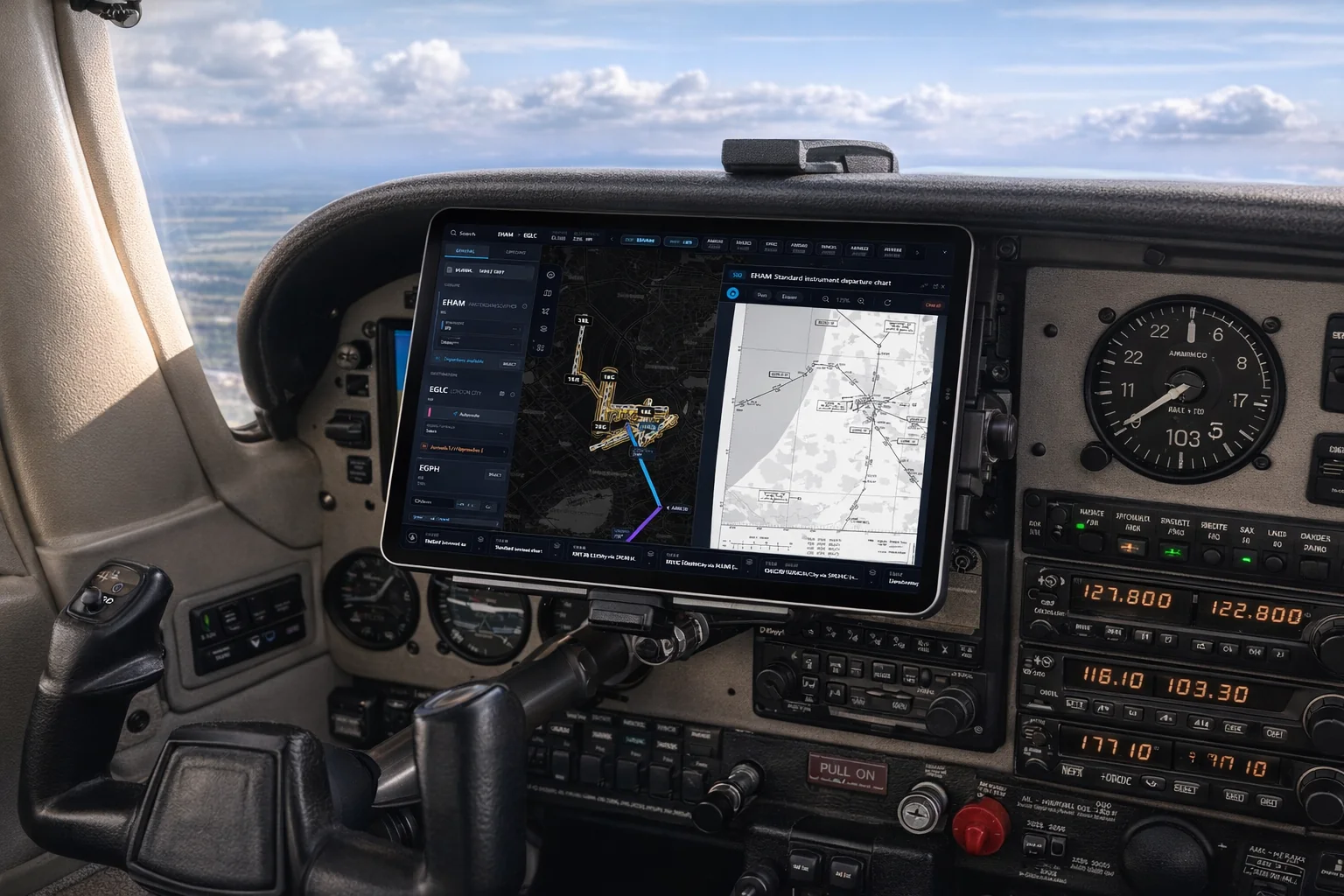 SimCharts on an iPad mounted in a light aircraft cockpit, showing the map beside a departure chart